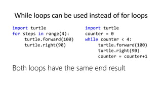 Both loops have the same end result
import turtle
for steps in range(4):
turtle.forward(100)
turtle.right(90)
import turtle
counter = 0
while counter < 4:
turtle.forward(100)
turtle.right(90)
counter = counter+1
While loops can be used instead of for loops
 