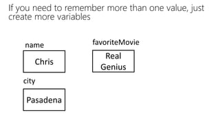 If you need to remember more than one value, just
create more variables
Chris
name
Pasadena
city
Real
Genius
favoriteMovie
 