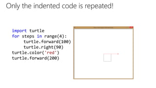 Only the indented code is repeated!
import turtle
for steps in range(4):
turtle.forward(100)
turtle.right(90)
turtle.color('red')
turtle.forward(200)
 