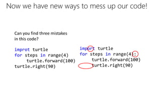 Now we have new ways to mess up our code!
improt turtle
for steps in range(4)
turtle.forward(100)
turtle.right(90)
Can you find three mistakes
in this code?
import turtle
for steps in range(4):
turtle.forward(100)
turtle.right(90)
 