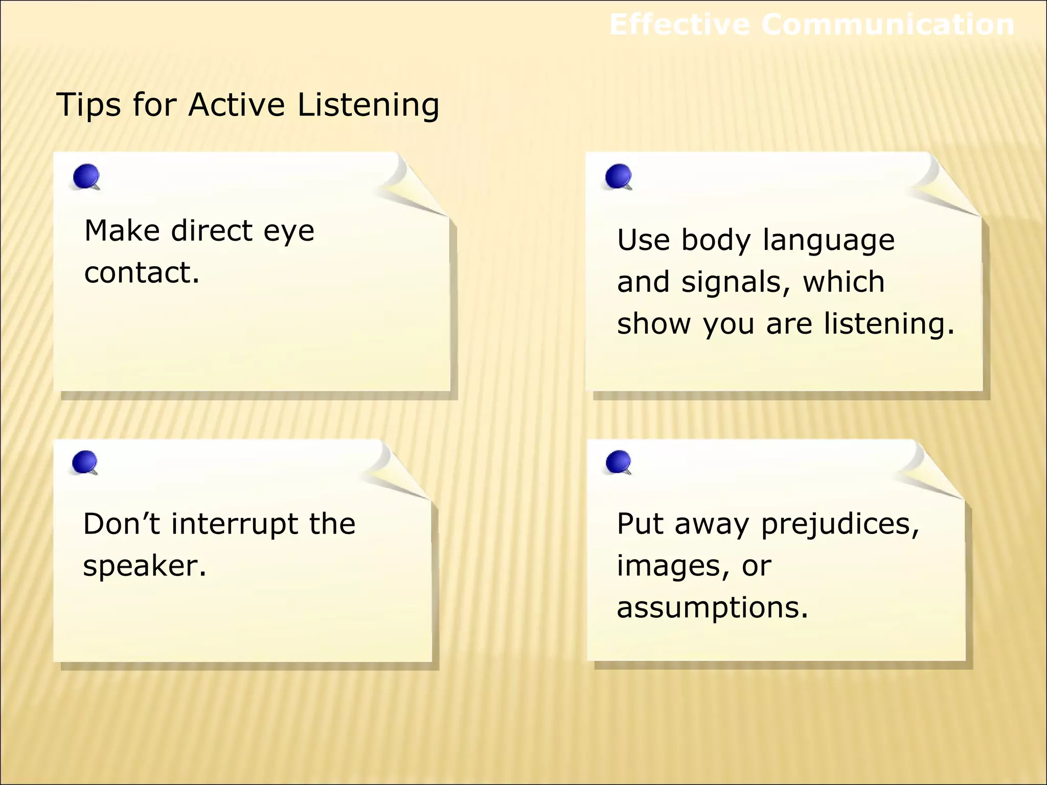 Tips for Active Listening
Make direct eye
contact.
Use body language
and signals, which
show you are listening.
Don’t interrupt the
speaker.
Put away prejudices,
images, or
assumptions.
Effective Communication
 