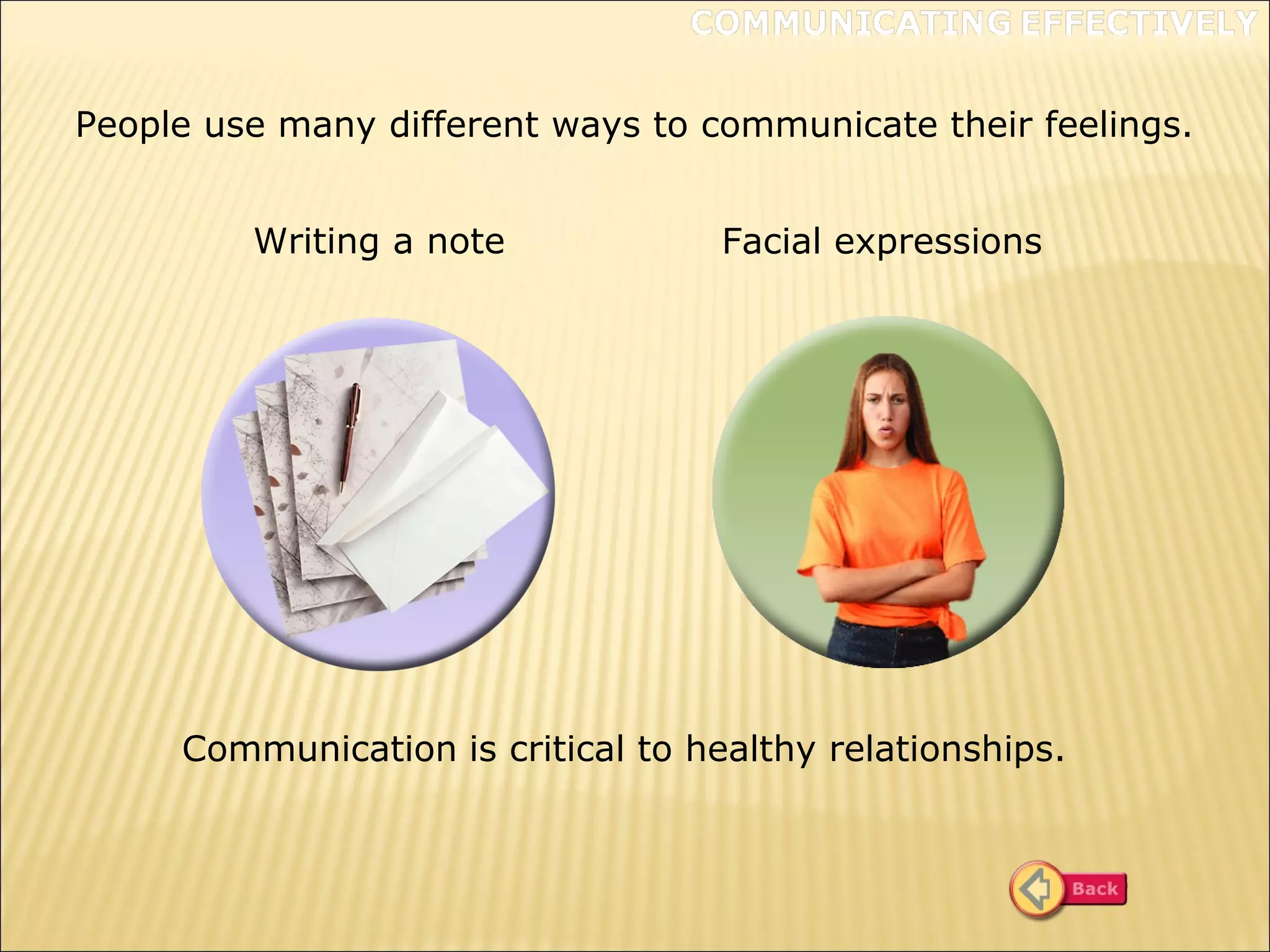 People use many different ways to communicate their feelings.
Writing a note Facial expressions
Communication is critical to healthy relationships.
 