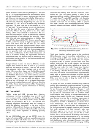 IJRET: International Journal of Research in Engineering and Technology eISSN: 2319-1163 | pISSN: 2321-7308
_______________________________________________________________________________________
Volume: 03 Issue: 06 | Jun-2014, Available @ http://www.ijret.org 20
against the model trained from old phishing URLs, the error
rate is 2.69% contributed mostly by false negatives.When
only the non-phishing URL source is mismatched (e.g., OD
and OY), error rate increases due to higher false positives.
This observation is similar to the one observed by Ma et al.
[18]. However, when only the phishing URL data sets are
mismatched (e.g., OD, ND), we do not see a big increase in
error rates. The worst error rate in this category is 2.69%
(OY and NY). This small increase in error rate may be due
to the fact that the source of phishing URLs are not
technically different but they differ by the time when
phishing URLs were submitted for verification. We look
more into this in the next section. When classifier is trained
with combination of any phishing data sets plus DMOZ
(OD, ND), and tested with combinations of phishing data
sets and Yahoo data set (OY, NY), the error ranges between
10–13%, contributed mostly by high false positives. When
trained with URLs from all the data sets, the model
generalizes well and yields good performance results across
all test data sets (last row). This experiment concludes that
the classifiers trained using URL data from one data source
may not generalize well while testing data from different
data source. Furthermore, it shows that training data set
needs to be selected properly that represent the actual test
environment in the real world in order to achieve the best
performance from a classifier in the important problem of
detecting phishing URLs.
Though instances in data sets may be different, we can
compare these results with those in Ma et al. [18] in cases
where the data sources are similar. Their data sets include
5,500 phishing URLs from PhishTank and all of their
benign URLs come from Yahoo and DMOZ.When trained
and tested with the various combinations of Yahoo, DMOZ,
and PhishTank data sources, our method achieves errors in
the range 0.06–13.39%, while their approach report errors in
the range 1.24–33.54% on the same data sources. They
achieve at best 0.90% on the split of the Yahoo-Spamscatter
data source showing that their approach is better at detecting
spam URLs than at detecting phishing URLs. We argue that
our approach achieves superior performance in detecting
phishing URLs.
4.4.2 Concept Drift
Phishing tactics and URL structures keep changing
continuously over time as attackers come up with novel
ways to circumvent the existing filters. As phishing URLs
evolve over time, so must the classifier‟s trained model to
improve its performance. Ma et al. [19] conclude that
retraining algorithms continuously with new features is
crucial for adapting successfully to the ever evolving
malicious URLs and their features. An interesting future
direction would be to find the effect of variable number of
features using online algorithms in detecting phishing
URLs.
We use OldPhishTank data set and 22,722 (twice the
number of phishing URLs) randomly selected non-phishing
URLs from Yahoo and DMOZ data sets as our “base”
training set. Figure 6 shows the classification error rates for
classifiers after training them only once using the “base”
training set. The x-axis shows number of weeks in the
experiment with the phishing URLs collected from January
1st
week to May 1st
week of 2011, and the y-axis shows the
error rates on testing the classifier with phishing URLs
collected each week. For non-phishing URLs, to generate
each week‟s test data, twice the number of phishing URLs is
randomly selected from Yahoo and DMOZ data sets.
Fig 6 Error rates for all classifiers after training them once
and testing them on weekly data.
While most classifiers perform poorly in this experiment,
J48 performs the worst for most of the weeks with error rate
reaching as high as 28% when testing with data from 3rd
week of March (33). Random Forests (RF) and Logistic
Regression (LR), in general, perform better with error
ranging from 0–13%. For all the classifiers, the high error
rate is due to high false negatives, which get as high as 60–
80% for some weeks. For week 31 data, most classifiers
yield a 0% error rate, as there are only 2 phishing URLs and
4 non-phishing URLs for the week‟s test data. These high
error rates due to high false negative rates suggest that the
model must be retrained on fresh data to account for new
combinations of features on phishing and non-phishing
URLs over time in order to keep the model fresh and
achieve better performance.
To address this issue, we retrain classifiers every week with
training data collected up to that week and test on the data
from the following week. We show these results in Figure 7.
To test the models for data collected on January 1st
week
(11), for example, we train classifiers using “base” training
set. To test data collected on week 12, we retrain all the
classifiers with “base” training set plus all data collected up
to the previous week (11 in this case). As a result, the error
rates decrease over time due to significant improvement in
false negative rates week after week. For RF classifier, error
rate decreases from 9% on the first week to 0.4% for the last
week. Interestingly, we see the most improvement in
performance of J48. Its error rate starts with the highest 20%
for the first week and it gradually improves to 0.6% on the
last week. Although fresh data eventually helps most
classifiers improve over previous experiment where the
classifiers are trained only once, we feel that a week‟s
training data is still insufficient. By looking at the trends in
our experiments and as observed by Ma et al. [19], training
on daily data or perhaps using incremental training with
individual instance using online algorithms may improve the
results on classification of continuously changing phishing
 