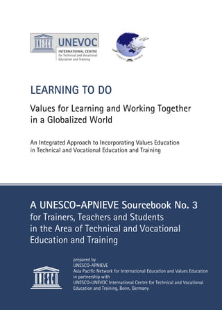 LEARNING TO DO
Values for Learning and Working Together
in a Globalized World
An Integrated Approach to Incorporating Values Education
in Technical and Vocational Education and Training
for Trainers, Teachers and Students in the Area
of Technical and Vocational Education and
Training
A UNESCO-APNIEVE Sourcebook No. 3
for Trainers, Teachers and Students
in the Area of Technical and Vocational
Education and Training
prepared by
UNESCO-APNIEVE
Asia Pacific Network for International Education and Values Education
in partnership with
UNESCO-UNEVOC International Centre for Technical and Vocational
Education and Training, Bonn, Germany
 