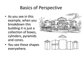 Basics of Perspective
• As you see in this
  example, when you
  breakdown this
  building it is just a
  collection of boxes,
  cylinders, pyramids
  and cones.
• You see these shapes
  everywhere.
 