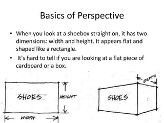 Basics of Perspective
• When you look at a shoebox straight on, it has two
  dimensions: width and height. It appears flat and
  shaped like a rectangle.
• It's hard to tell if you are looking at a flat piece of
  cardboard or a box.
 