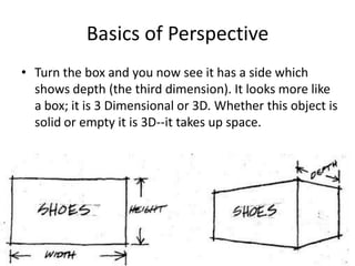 Basics of Perspective
• Turn the box and you now see it has a side which
  shows depth (the third dimension). It looks more like
  a box; it is 3 Dimensional or 3D. Whether this object is
  solid or empty it is 3D--it takes up space.
 