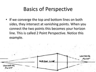 Basics of Perspective
• If we converge the top and bottom lines on both
  sides, they intersect at vanishing points. When you
  connect the two points this becomes your horizon
  line. This is called 2 Point Perspective. Notice this
  example.
 