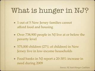 What is hunger in NJ?
 1 out of 5 New Jersey families cannot
 afford food and housing

 Over 738,900 people in NJ live at or below the
 poverty level

 575,000 children (27% of children) in New
 Jersey live in low-income households

 Food banks in NJ report a 20-30% increase in
 need during 2009
                              Source: NJ Anti-Hunger Coalition
 