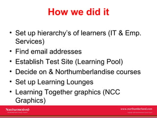 How we did it

• Set up hierarchy’s of learners (IT & Emp.
  Services)
• Find email addresses
• Establish Test Site (Learn...