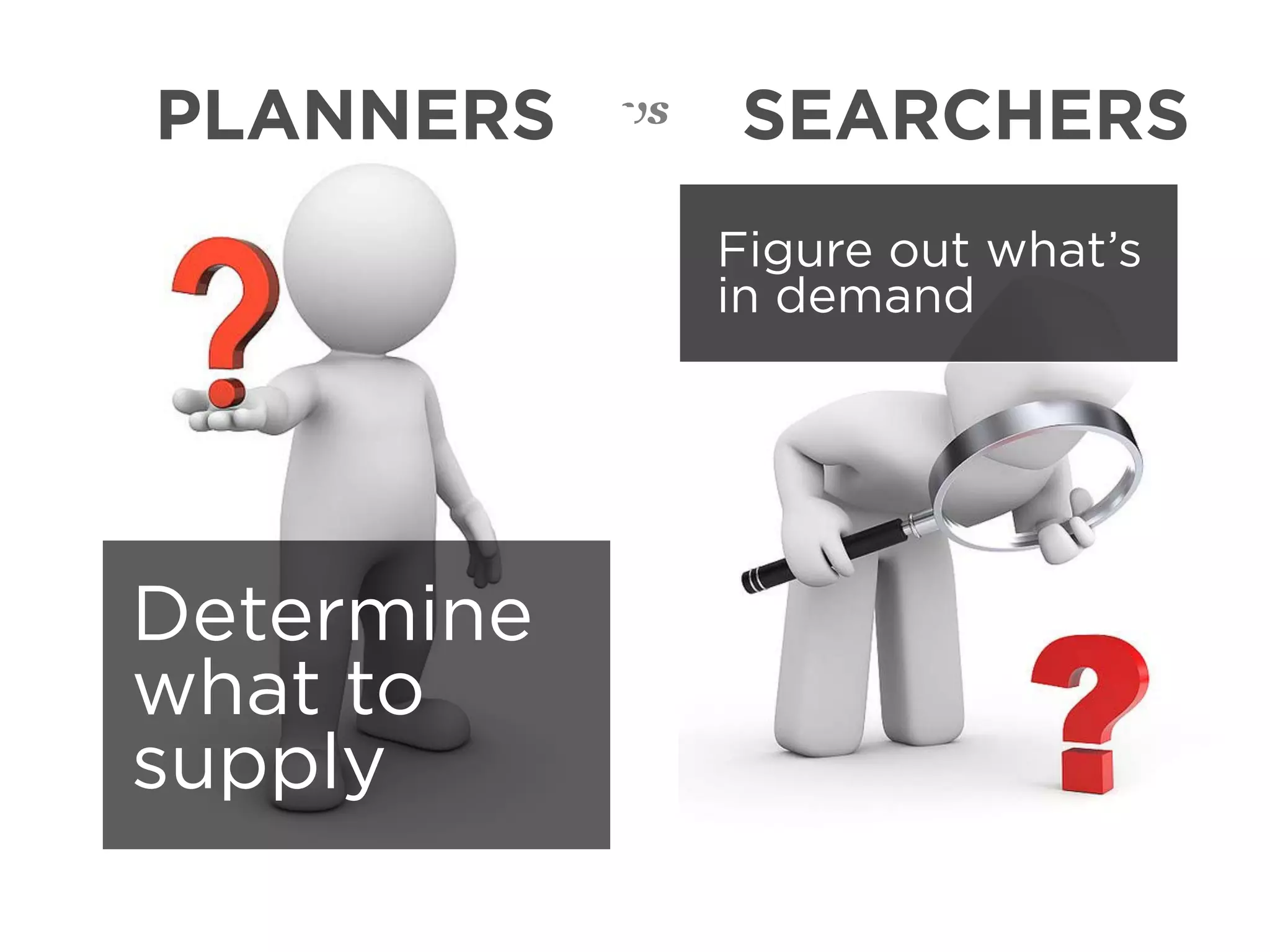 PLANNERS    vs    SEARCHERS
                 Figure out what’s
                 in demand




Determine
what to
supply
 