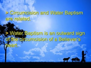 > Circumcision and Water Baptism
are related.
> Water Baptism is an outward sign
of the circumcision of a Believer’s
heart.
 