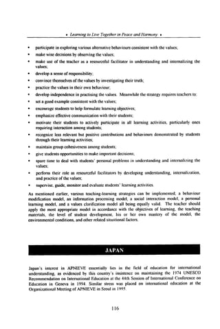 * Learning to Live Togetherin Peaceand Harmony *
.
.
.
.
.
.
.
.
.
.
.
.
.
.
.
.
.
participate in exploring variousalternativebehavioursconsistentwith the values;
makewise decisionsby observingthe values;
make use of the teacheras a resourcefulfacilitator in understandingand intemalizing the
values;
developa senseof responsibility;
convincethemselvesof the valuesby investigatingtheir truth;
practicethe valuesin their own behaviour;
developindependencein practisingthe values. Meanwhile the strategyrequiresteachersto:
seta goodexampleconsistentwith the values;
encouragestudentsto help formulate learningobjectives;
emphasizeeffectivecommunicationwith their students;
motivate their studentsto actively participate in all learning activities, particularly ones
requiring interaction amongstudents;
recognize less relevant but positive contributions and behavioursdemonstratedby students
through their learning activities;
maintain group cohesivenessamongstudents;
give studentsopportunitiesto makeimportant decisions;
sparetime to deal with students’personalproblemsin understandingand intemalizing the
values;
perform their role as resourcemlfacilitators by developing understanding,internalization,
and practiceof the values;
supervise,guide, monitor and evaluatestudents’learning activities.
As mentioned earlier, various teaching-learning strategiescan be implemented; a behaviour
modification model, an information processingmodel, a social interaction model, a personal
learning model, and a values clarification model all being equally valid. The teacher should
apply the most appropriate model in accordancewith the objectivesof learning, the teaching
materials, the level of student development, his or her own mastery of the model, the
environmental conditions,and other relatedsituationalfactors.
Japan’s interest in APNIEVE essentially lies in the field of education for international
understanding, as evidencedby this country’s insistenceon maintaining the 1974 UNESCO
Recommendationon International Educationat the 44th Sessionof International Conferenceon
Education in Geneva in 1994. Similar stress was placed on international education at the
Organizational Meeting of APNIEVE in Seoulin 1995.
116
I ---T- ~- --- --n
 