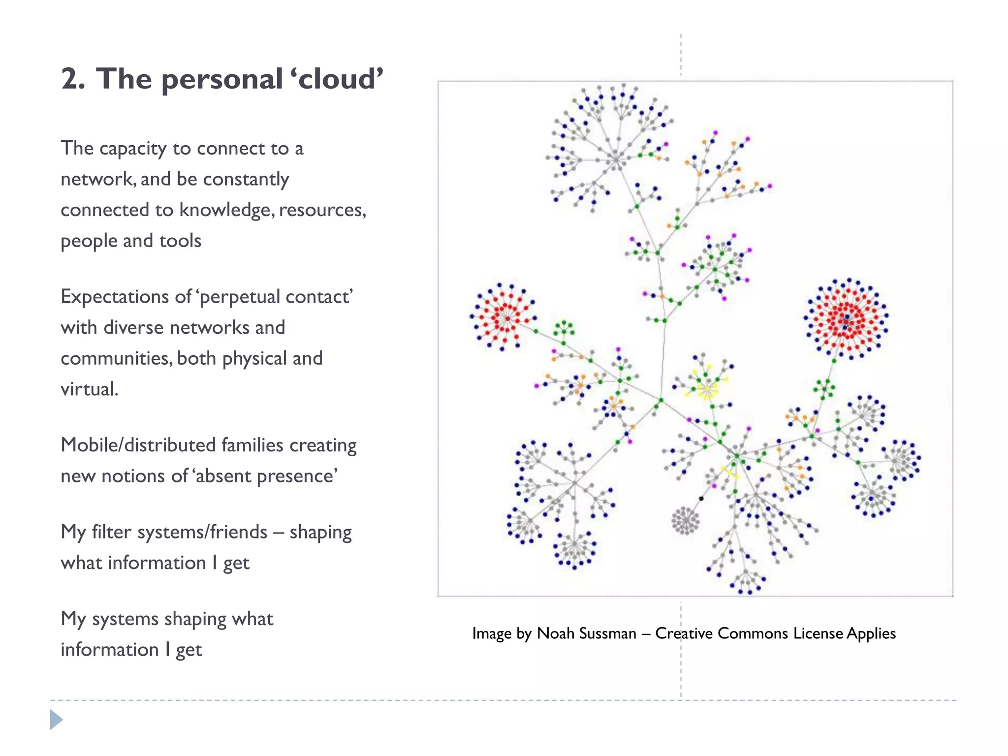 2. The personal ‘cloud’ 
The capacity to connect to a network, and be constantly connected to knowledge, resources, people and tools 
Expectations of ‘perpetual contact’ with diverse networks and communities, both physical and virtual. 
Mobile/distributed families creating new notions of ‘absent presence’ 
My filter systems/friends –shaping what information I get 
My systems shaping what information I get 
Image by Noah Sussman –Creative Commons License Applies  