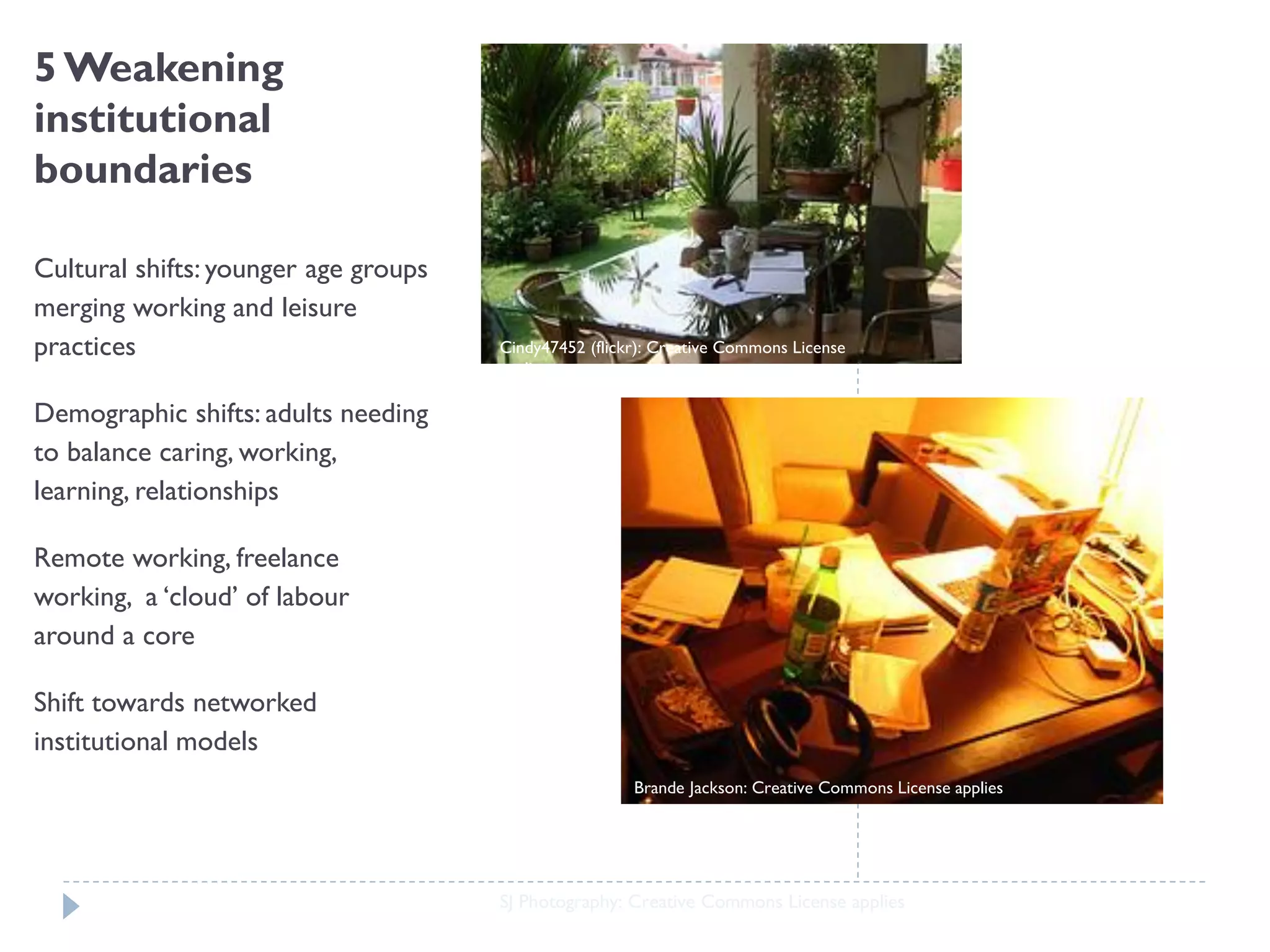 5 Weakening institutional boundaries 
Cultural shifts: younger age groups merging working and leisure practices 
Demographic shifts: adults needing to balance caring, working, learning, relationships 
Remote working, freelance working, a ‘cloud’ of labour around a core 
Shift towards networked institutional models 
Brande Jackson: Creative Commons License applies 
SJ Photography: Creative Commons License applies 
Cindy47452 (flickr): Creative Commons License applies  