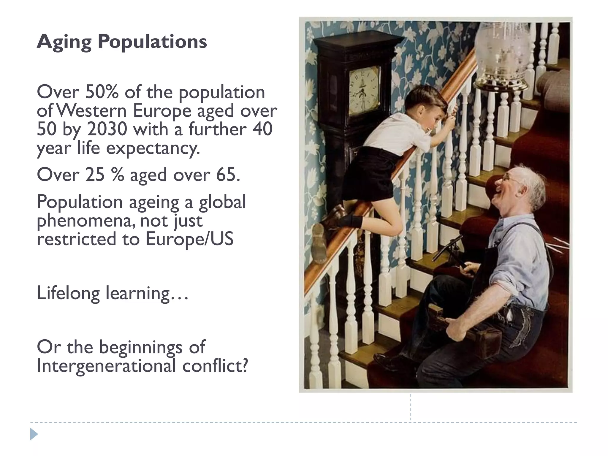 Aging Populations 
Over 50% of the population of Western Europe aged over 50 by 2030 with a further 40 year life expectancy. 
Over 25 % aged over 65. 
Population ageing a global phenomena, not just restricted to Europe/US 
Lifelong learning… 
Or the beginnings of Intergenerational conflict?  