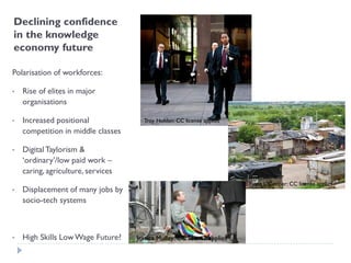 Declining confidence in the knowledge economy future 
Polarisation of workforces: 
•Rise of elites in major organisations 
•Increased positional competition in middle classes 
•Digital Taylorism & ‘ordinary’/low paid work – caring, agriculture, services 
•Displacement of many jobs by socio-tech systems 
•High Skills Low Wage Future? 
Troy Holden: CC license applies 
Jessica Mulley: CC license applies 
Fiona L Cooper: CC license applies  