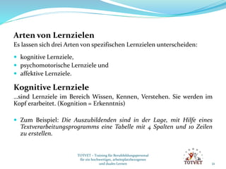 Arten von Lernzielen
Es lassen sich drei Arten von spezifischen Lernzielen unterscheiden:
 kognitive Lernziele,
 psychomotorische Lernziele und
 affektive Lernziele.
Kognitive Lernziele
…sind Lernziele im Bereich Wissen, Kennen, Verstehen. Sie werden im
Kopf erarbeitet. (Kognition = Erkenntnis)
 Zum Beispiel: Die Auszubildenden sind in der Lage, mit Hilfe eines
Textverarbeitungsprogramms eine Tabelle mit 4 Spalten und 10 Zeilen
zu erstellen.
21
TOTVET – Training für Berufsbildungspersonal
für ein hochwertiges, arbeitsplatzbezogenes
und duales Lernen
 
