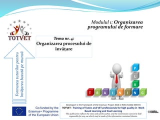 Modulul 1: Organizarea
programului de formare
Formareatutorilorpentru
învățareabazatăpemuncă
Developed in the framework of the Erasmus+ Project 2018-1-RO01-KA202-049191
TOTVET - Training of Tutors and VET professionals for high quality in Work
Based Learning and Dual Learning
This publication reflects the views only of the author, and the Commission cannot be held
responsible for any use which may be made of the information contained therein.
 