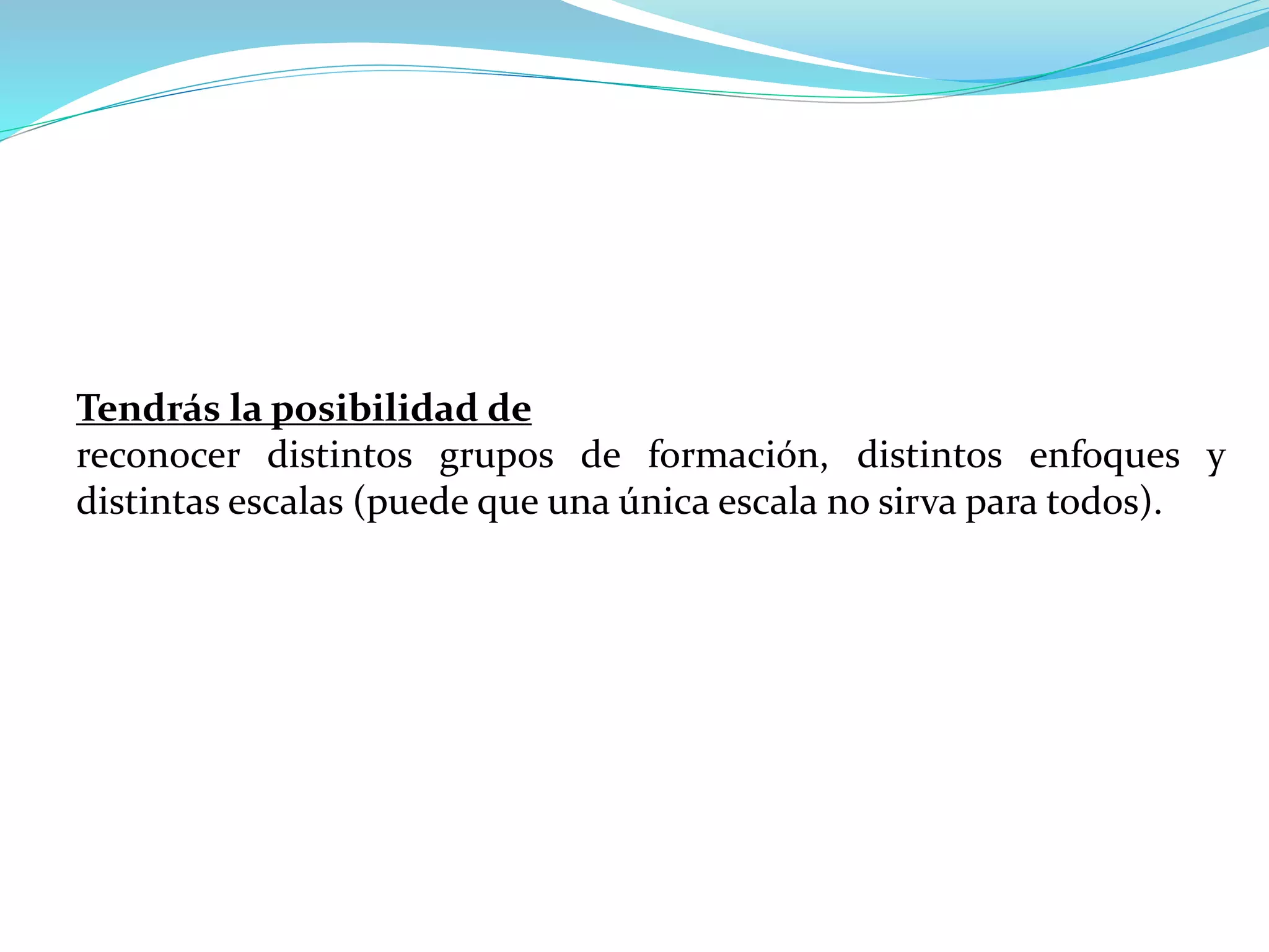 Tendrás la posibilidad de
reconocer distintos grupos de formación, distintos enfoques y
distintas escalas (puede que una única escala no sirva para todos).
 