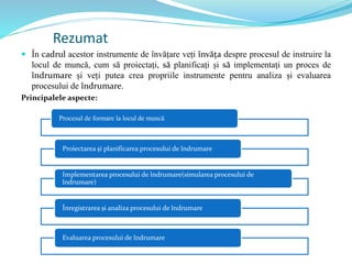 Rezumat
 În cadrul acestor instrumente de învățare veți învăța despre procesul de instruire la
locul de muncă, cum să proiectați, să planificați și să implementați un proces de
îndrumare și veți putea crea propriile instrumente pentru analiza și evaluarea
procesului de îndrumare.
Principalele aspecte:
Procesul de formare la locul de muncă
Proiectarea și planificarea procesului de îndrumare
Implementarea procesului de îndrumare(simularea procesului de
îndrumare)
Înregistrarea și analiza procesului de îndrumare
Evaluarea procesului de îndrumare
 