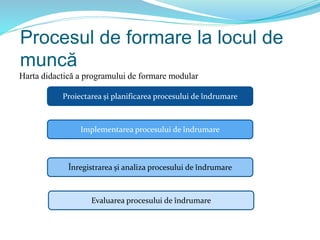 Procesul de formare la locul de
muncă
Harta didactică a programului de formare modular
Proiectarea și planificarea procesului de îndrumare
Implementarea procesului de îndrumare
Înregistrarea și analiza procesului de îndrumare
Evaluarea procesului de îndrumare
 