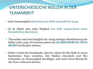 UNTERSCHIEDLICHE ROLLEN IN DER
TEAMARBEIT
 Jedes Teammitglied übernimmt eine Rolle innerhalb des Teams.
 Es ist üblich, dass jedes Mitglied eine Rolle entsprechend seiner
Persönlichkeit übernimmt.
 Theoretiker sind sich bezüglich der einzig richtigen Klassifizierung der
Rollen nicht einig. Wir können jedoch die KLASSIFIZIERUNG NACH
BELBIN als Beispiel nehmen.
 Belbin vertritt den Standpunkt, dass Sie, indem Sie Ihre Rolle in einem
bestimmten Team verstehen, Ihre Stärken entwickeln und Ihre
Schwächen als Teammitglied bewältigen, und somit Ihren Beitrag für
das Team verbessern können.
 