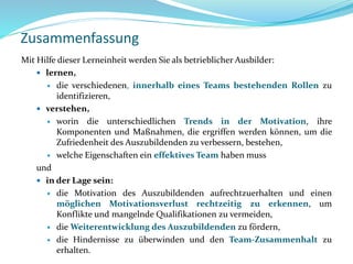Zusammenfassung
Mit Hilfe dieser Lerneinheit werden Sie als betrieblicher Ausbilder:
 lernen,
 die verschiedenen, innerhalb eines Teams bestehenden Rollen zu
identifizieren,
 verstehen,
 worin die unterschiedlichen Trends in der Motivation, ihre
Komponenten und Maßnahmen, die ergriffen werden können, um die
Zufriedenheit des Auszubildenden zu verbessern, bestehen,
 welche Eigenschaften ein effektives Team haben muss
und
 in der Lage sein:
 die Motivation des Auszubildenden aufrechtzuerhalten und einen
möglichen Motivationsverlust rechtzeitig zu erkennen, um
Konflikte und mangelnde Qualifikationen zu vermeiden,
 die Weiterentwicklung des Auszubildenden zu fördern,
 die Hindernisse zu überwinden und den Team-Zusammenhalt zu
erhalten.
 