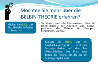 Möchten Sie mehr über die
BELBIN-THEORIE erfahren?
 Sie finden dort alle Informationen über die
Belbin-Berichte für Gruppen und Einzel-
personen, die Theorie der Gruppen,
Schulungen, Videos...
Klicken Sie HIER, um
die offizielle Webseite
zu besuchen
Klicken Sie HIER, um ein
(englischsprachiges) Excel-Blatt
herunterzuladen und den Test
abzuschließen. Das Blatt zeigt
Ihnen die Rollen, für die Sie am
besten geeignet sind.
 
