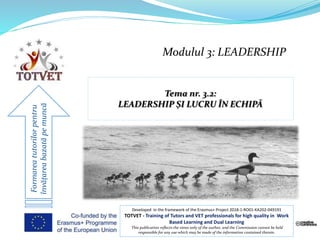 Modulul 3: LEADERSHIP
Formareatutorilorpentru
învățareabazatăpemuncă
Developed in the framework of the Erasmus+ Project 2018-1-RO01-KA202-049191
TOTVET - Training of Tutors and VET professionals for high quality in Work
Based Learning and Dual Learning
This publication reflects the views only of the author, and the Commission cannot be held
responsible for any use which may be made of the information contained therein.
 