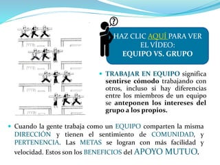  TRABAJAR EN EQUIPO significa
sentirse cómodo trabajando con
otros, incluso si hay diferencias
entre los miembros de un equipo
se anteponen los intereses del
grupo a los propios.
 Cuando la gente trabaja como un EQUIPO comparten la misma
DIRECCIÓN y tienen el sentimiento de COMUNIDAD, y
PERTENENCIA. Las METAS se logran con más facilidad y
velocidad. Est0s son los BENEFICIOS del APOYO MUTUO.
HAZ CLIC AQUÍ PARA VER
EL VÍDEO:
EQUIPO VS. GRUPO
 