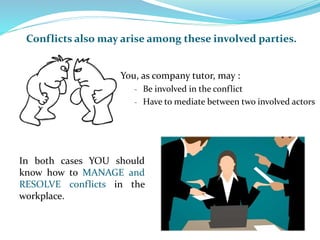 You, as company tutor, may :
- Be involved in the conflict
- Have to mediate between two involved actors
In both cases YOU should
know how to MANAGE and
RESOLVE conflicts in the
workplace.
Conflicts also may arise among these involved parties.
 