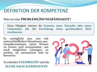 DEFINITION DER KOMPETENZ
Was ist eine PROBLEMLÖSUNGSFÄHIGKEIT?
Diese Fähigkeit erkennt die Existenz einer Tatsache oder eines
Umstandes, die die Erreichung eines gewünschten Ziels
erschweren.
Es erfordert FLEXIBILITÄT und die
SUCHE NACH ALTERNATIVEN
Es ermöglicht uns, uns mit
unterschiedlichen Situationen aus-
einanderzusetzen, unser Wissen
zu lernen und anzuwenden, um
nach möglichen Lösungen zu
suchen, sie umzusetzen und zu
bewerten.
 