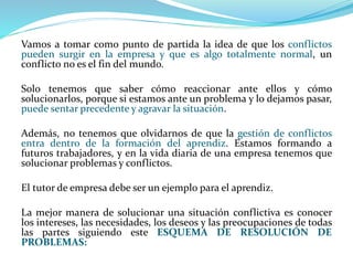 Vamos a tomar como punto de partida la idea de que los conflictos
pueden surgir en la empresa y que es algo totalmente normal, un
conflicto no es el fin del mundo.
Solo tenemos que saber cómo reaccionar ante ellos y cómo
solucionarlos, porque si estamos ante un problema y lo dejamos pasar,
puede sentar precedente y agravar la situación.
Además, no tenemos que olvidarnos de que la gestión de conflictos
entra dentro de la formación del aprendiz. Estamos formando a
futuros trabajadores, y en la vida diaria de una empresa tenemos que
solucionar problemas y conflictos.
El tutor de empresa debe ser un ejemplo para el aprendiz.
La mejor manera de solucionar una situación conflictiva es conocer
los intereses, las necesidades, los deseos y las preocupaciones de todas
las partes siguiendo este ESQUEMA DE RESOLUCIÓN DE
PROBLEMAS:
 