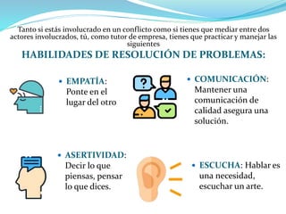 Tanto si estás involucrado en un conflicto como si tienes que mediar entre dos
actores involucrados, tú, como tutor de empresa, tienes que practicar y manejar las
siguientes
HABILIDADES DE RESOLUCIÓN DE PROBLEMAS:
 COMUNICACIÓN:
Mantener una
comunicación de
calidad asegura una
solución.
 EMPATÍA:
Ponte en el
lugar del otro
 ASERTIVIDAD:
Decir lo que
piensas, pensar
lo que dices.
 ESCUCHA: Hablar es
una necesidad,
escuchar un arte.
 