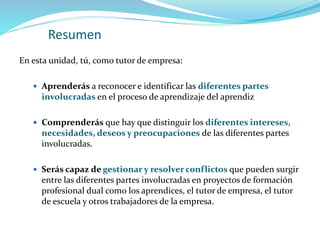 Resumen
En esta unidad, tú, como tutor de empresa:
 Aprenderás a reconocer e identificar las diferentes partes
involucradas en el proceso de aprendizaje del aprendiz
 Comprenderás que hay que distinguir los diferentes intereses,
necesidades, deseos y preocupaciones de las diferentes partes
involucradas.
 Serás capaz de gestionar y resolver conflictos que pueden surgir
entre las diferentes partes involucradas en proyectos de formación
profesional dual como los aprendices, el tutor de empresa, el tutor
de escuela y otros trabajadores de la empresa.
 
