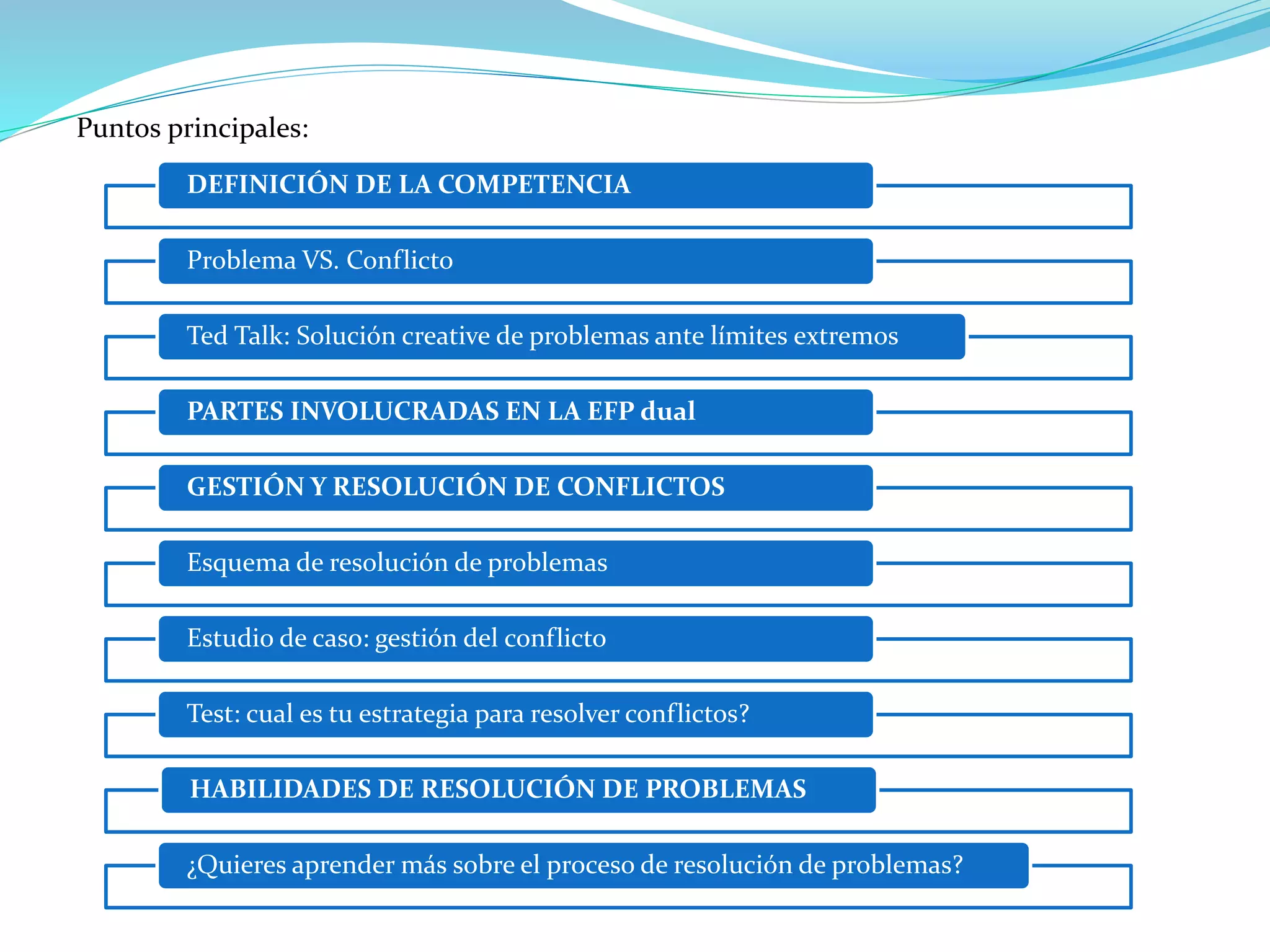 Puntos principales:
DEFINICIÓN DE LA COMPETENCIA
Problema VS. Conflicto
Ted Talk: Solución creative de problemas ante límites extremos
PARTES INVOLUCRADAS EN LA EFP dual
GESTIÓN Y RESOLUCIÓN DE CONFLICTOS
Esquema de resolución de problemas
Estudio de caso: gestión del conflicto
Test: cual es tu estrategia para resolver conflictos?
HABILIDADES DE RESOLUCIÓN DE PROBLEMAS
¿Quieres aprender más sobre el proceso de resolución de problemas?
 