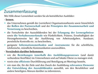 Zusammenfassung
Mit Hilfe dieser Lerneinheit werden Sie als betrieblicher Ausbilder:
- lernen,
 das Unternehmen gemäß der (vertieften) Organisationstheorie sowie hinsichtlich
der Rollen der Partnerschaft und der Prinzipien der Zusammenarbeit und
Vernetzung zu beschreiben,
 die Fortschritte der Auszubildenden bei der Erlangung der Lernergebnisse
sowie die Verhaltensmerkmale wie Pünktlichkeit, Präsenz, Ernsthaftigkeit der
Herangehensweise bei der Ausführung von Arbeitsaufgaben, Ausdauer,
persönliche Kontrolle etc. zu beschreiben,
 geeignete Informationsmethoden und -instrumente für die schriftliche,
telefonische, mündliche Kommunikation auszuwählen,
- Verständnis darüber bekommen,
 wie die Beziehungen innerhalb des Ausbildungsprozesses (und damit
verbundene Konflikte) im Unternehmen und auf lokaler Ebene zu managen sind,
 worin eine effiziente Durchführung und Beteiligung an Meetings besteht,
 wie man die, für die Ziele und den Zweck der Ausbildung relevanten Elemente
der Entwicklung des Auszubildenden auswählt, um den Berufslehrer und
andere beteiligten Akteure darüber zu informieren,
 
