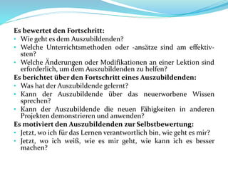 Es bewertet den Fortschritt:
• Wie geht es dem Auszubildenden?
• Welche Unterrichtsmethoden oder -ansätze sind am effektiv-
sten?
• Welche Änderungen oder Modifikationen an einer Lektion sind
erforderlich, um dem Auszubildenden zu helfen?
Es berichtet über den Fortschritt eines Auszubildenden:
• Was hat der Auszubildende gelernt?
• Kann der Auszubildende über das neuerworbene Wissen
sprechen?
• Kann der Auszubildende die neuen Fähigkeiten in anderen
Projekten demonstrieren und anwenden?
Es motiviert den Auszubildenden zur Selbstbewertung:
• Jetzt, wo ich für das Lernen verantwortlich bin, wie geht es mir?
• Jetzt, wo ich weiß, wie es mir geht, wie kann ich es besser
machen?
 