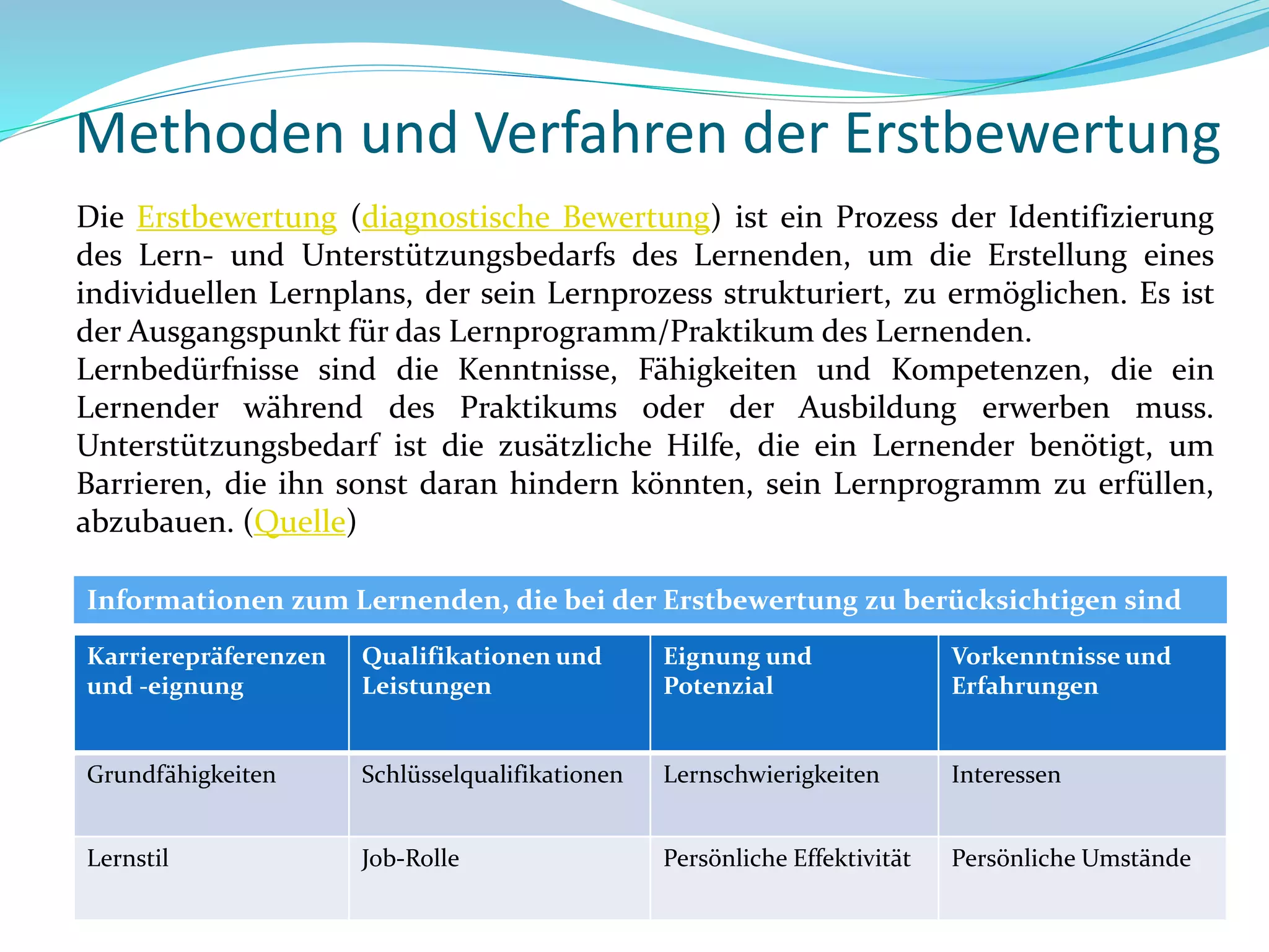 Methoden und Verfahren der Erstbewertung
Die Erstbewertung (diagnostische Bewertung) ist ein Prozess der Identifizierung
des Lern- und Unterstützungsbedarfs des Lernenden, um die Erstellung eines
individuellen Lernplans, der sein Lernprozess strukturiert, zu ermöglichen. Es ist
der Ausgangspunkt für das Lernprogramm/Praktikum des Lernenden.
Lernbedürfnisse sind die Kenntnisse, Fähigkeiten und Kompetenzen, die ein
Lernender während des Praktikums oder der Ausbildung erwerben muss.
Unterstützungsbedarf ist die zusätzliche Hilfe, die ein Lernender benötigt, um
Barrieren, die ihn sonst daran hindern könnten, sein Lernprogramm zu erfüllen,
abzubauen. (Quelle)
Karrierepräferenzen
und -eignung
Qualifikationen und
Leistungen
Eignung und
Potenzial
Vorkenntnisse und
Erfahrungen
Grundfähigkeiten Schlüsselqualifikationen Lernschwierigkeiten Interessen
Lernstil Job-Rolle Persönliche Effektivität Persönliche Umstände
Informationen zum Lernenden, die bei der Erstbewertung zu berücksichtigen sind
 