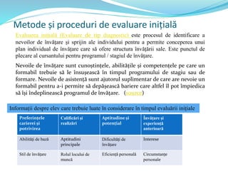 Metode și proceduri de evaluare inițială
Evaluarea inițială (Evaluare de tip diagnostic) este procesul de identificare a
nevoilor de învățare și sprijin ale individului pentru a permite conceperea unui
plan individual de învățare care să ofere structura învățării sale. Este punctul de
plecare al cursantului pentru programul / stagiul de învățare.
Nevoile de învățare sunt cunoștințele, abilitățile și competențele pe care un
formabil trebuie să le însușească în timpul programului de stagiu sau de
formare. Nevoile de asistență sunt ajutorul suplimentar de care are nevoie un
formabil pentru a-i permite să depășească bariere care altfel îl pot împiedica
să își îndeplinească programul de învățare. (source)
Preferințele
carierei și
potrivirea
Calificări și
realizări
Aptitudine și
potențial
Învățare și
experiență
anterioară
Abilități de bază Aptitudini
principale
Dificultăți de
învățare
Interese
Stil de învățare Rolul locului de
muncă
Eficiență personală Circumstanțe
personale
Informații despre elev care trebuie luate în considerare în timpul evaluării inițiale
 