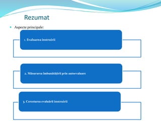 Rezumat
 Aspecte principale:
1. Evaluarea instruirii
2. Măsurarea îmbunătățirii prin autoevaluare
3. Cercetarea evaluării instruirii
 