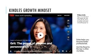 KINDLES GROWTH MINDSET
Video Link:
https://www.ted.com/t
alks/angela_lee_duck
worth_grit_the_power_
of_passion_and_perse
verance?language=en
Sales helps you
become better
professionals.
And the Road to
the top is often
via Sales.
 