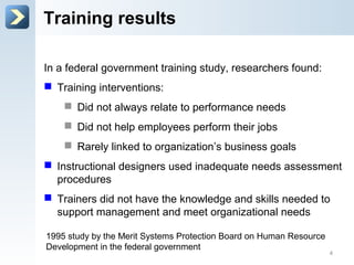 Training results
In a federal government training study, researchers found:
 Training interventions:
 Did not always relate to performance needs
 Did not help employees perform their jobs
 Rarely linked to organization’s business goals
 Instructional designers used inadequate needs assessment
procedures
 Trainers did not have the knowledge and skills needed to
support management and meet organizational needs
1995 study by the Merit Systems Protection Board on Human Resource
Development in the federal government
4
 
