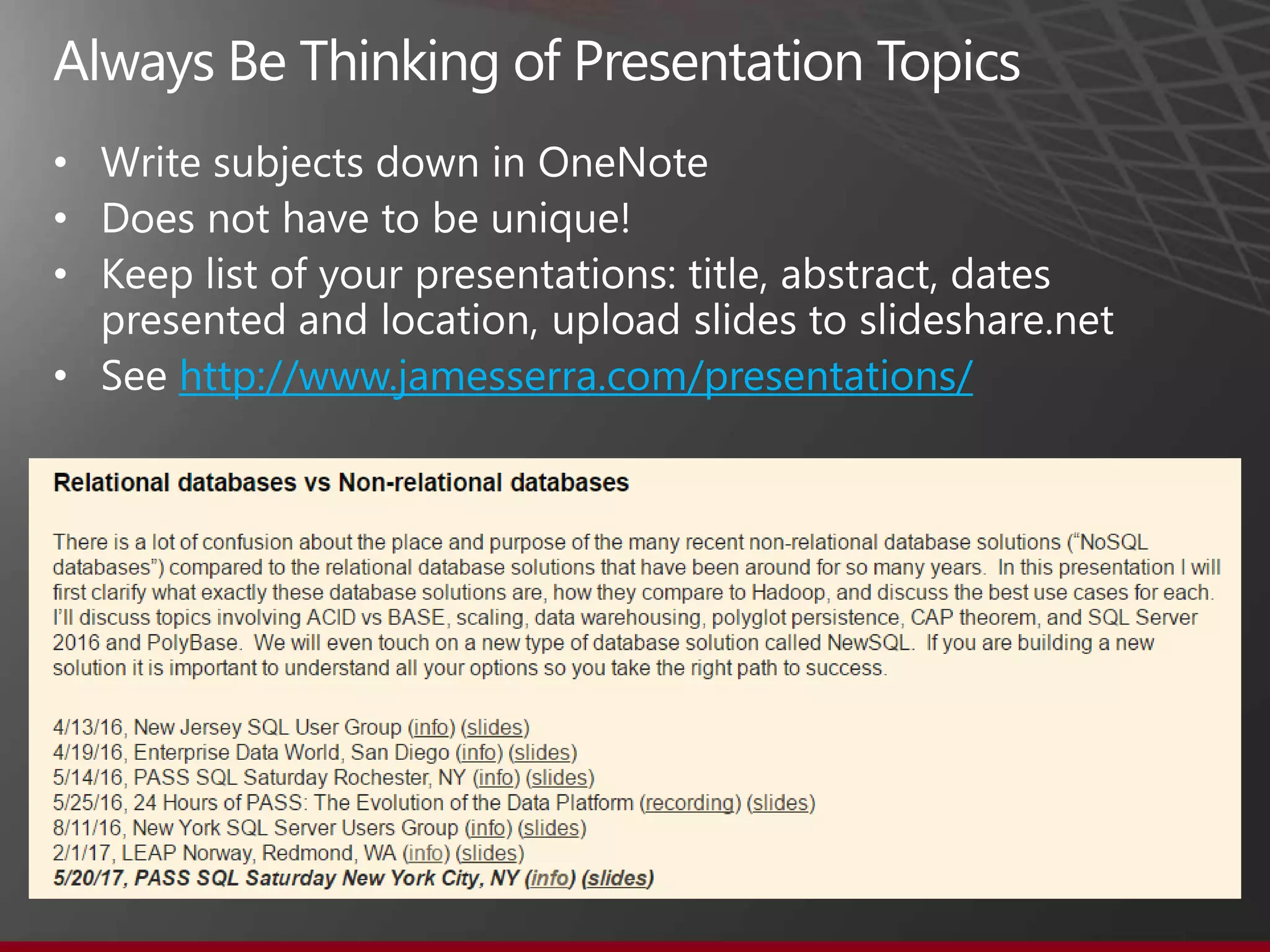 •
•
•
• http://www.jamesserra.com/presentations/
 