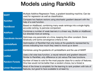 Models using Ranklib
MART
Multiple Additive Regression Trees, a gradient boosting machine. Can be
used for regression as well as classiﬁcation.
RankNet
Compare two feature vectors using stochastic gradient descent with the
help of a cost function.
RankBoost
Based on AdaBoost, combining many weak rankings into a single highly
accurate ranking. Is pairwise comparison
AdaRank
Combines a number of weak learners in a linear way. Builds on AdaBoost,
but directed more at ranking.
Coordinate Ascent
Optimises one parameter at a time, keeping the other constant. Done
iteratively until some convergence criteria is met.
LambdaRank
Optimisation of RankNet that only looks at the gradients represented by
arrows indicating how much they need to move up or down
LambdaMART Combines using the gradients of LambdaRank and the use of MART
ListNet
Uses a list wise loss function, a neural network and gradient descent.
Similar to RankNet, only diﬀerence is List versus Pair loss functions.
Random Forests
Number of trees to vote for the most popular class for a vector of features.
One tree would not be better than a random choice, but a forest is
Linear Regression
Most of the times to simplistic for the learning to rank problem with lots of
features, but good to have available to at least try
 