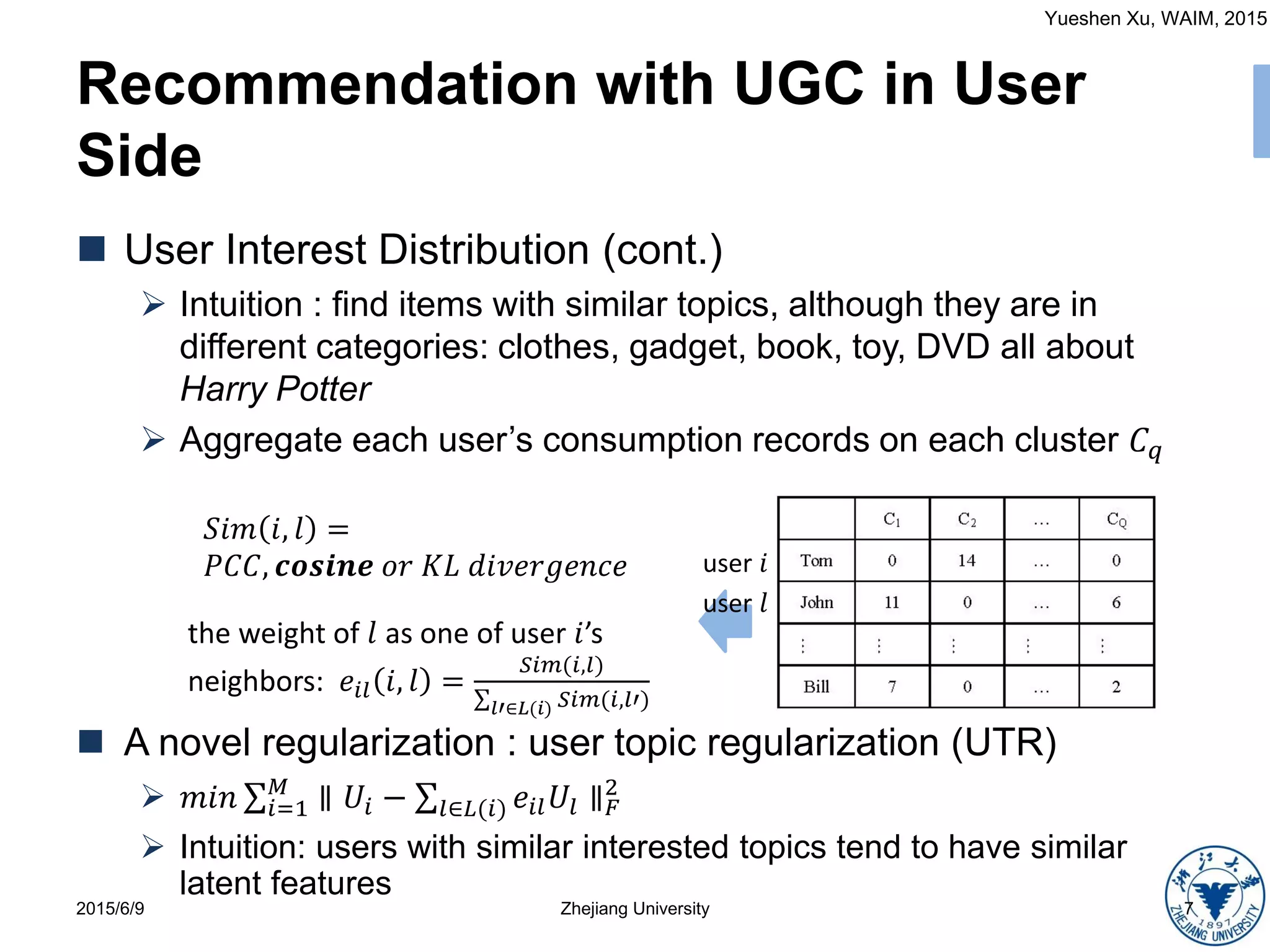 Yueshen Xu, WAIM, 2015
Recommendation with UGC in User
Side
2015/6/9 Zhejiang University 7
 User Interest Distribution (cont.)
 Intuition : find items with similar topics, although they are in
different categories: clothes, gadget, book, toy, DVD all about
Harry Potter
 Aggregate each user’s consumption records on each cluster 𝐶 𝑞
𝑆𝑖𝑚 𝑖, 𝑙 =
𝑃𝐶𝐶, 𝒄𝒐𝒔𝒊𝒏𝒆 𝑜𝑟 𝐾𝐿 𝑑𝑖𝑣𝑒𝑟𝑔𝑒𝑛𝑐𝑒
the weight of 𝑙 as one of user 𝑖’s
neighbors: 𝑒𝑖𝑙 𝑖, 𝑙 =
𝑆𝑖𝑚(𝑖,𝑙)
𝑙′∈𝐿(𝑖) 𝑆𝑖𝑚(𝑖,𝑙′)
 A novel regularization : user topic regularization (UTR)
 𝑚𝑖𝑛 𝑖=1
𝑀
∥ 𝑈𝑖 − 𝑙∈𝐿(𝑖) 𝑒𝑖𝑙 𝑈𝑙 ∥ 𝐹
2
 Intuition: users with similar interested topics tend to have similar
latent features
user 𝑖
user 𝑙
 