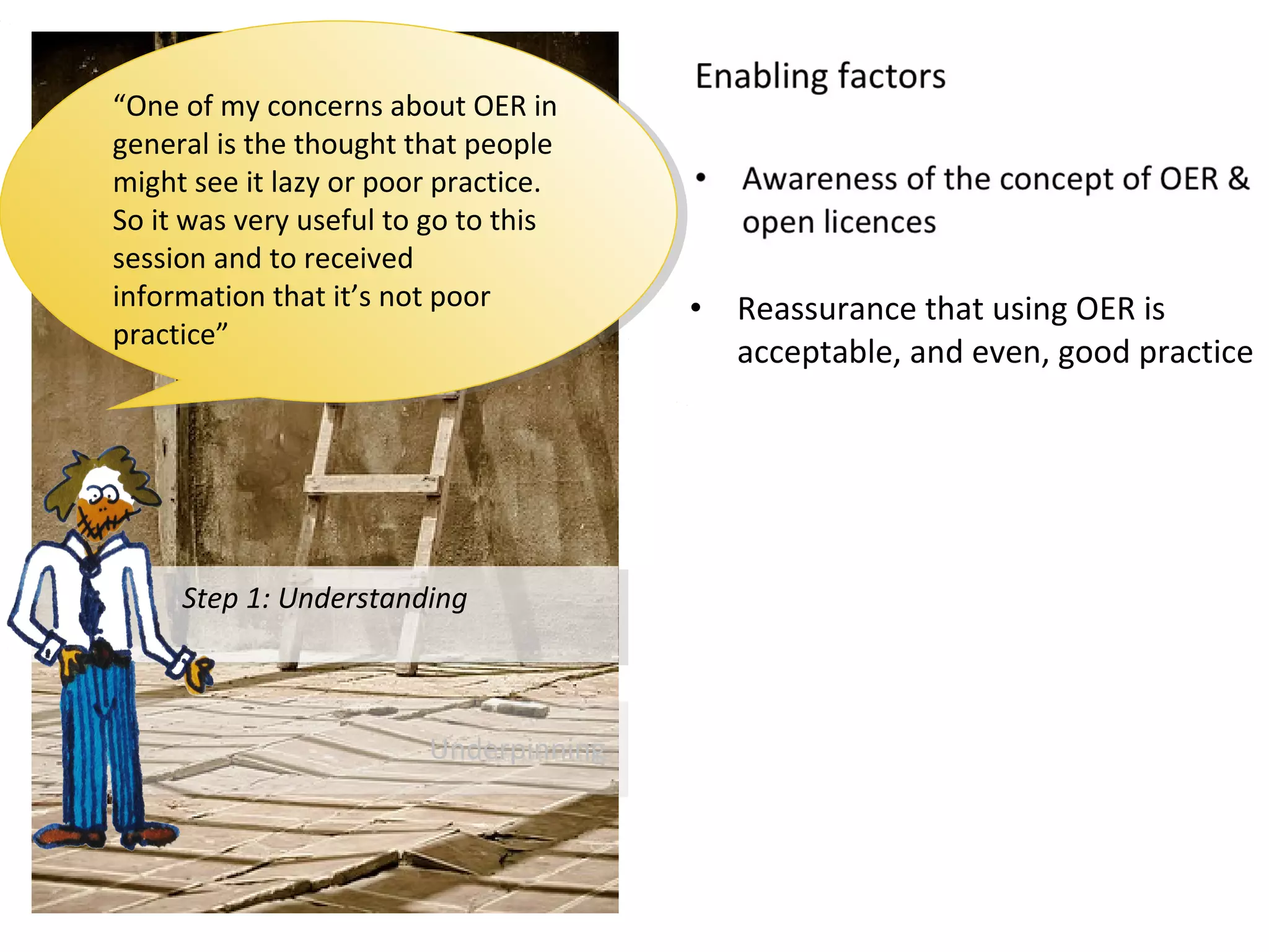 Many Self
Social
OER
OEP
Step 1: UnderstandingStep 1: Understanding
UnderpinningUnderpinning
“I knew about the CC
licence but I kind of put it
at the back of my mind… I
thought it wasn’t that
important”
“I knew about the CC
licence but I kind of put it
at the back of my mind… I
thought it wasn’t that
important”
• Reassurance that using OER is
acceptable, and even, good practice
“One of my concerns about OER in
general is the thought that people
might see it lazy or poor practice.
So it was very useful to go to this
session and to received
information that it’s not poor
practice”
“One of my concerns about OER in
general is the thought that people
might see it lazy or poor practice.
So it was very useful to go to this
session and to received
information that it’s not poor
practice”
 