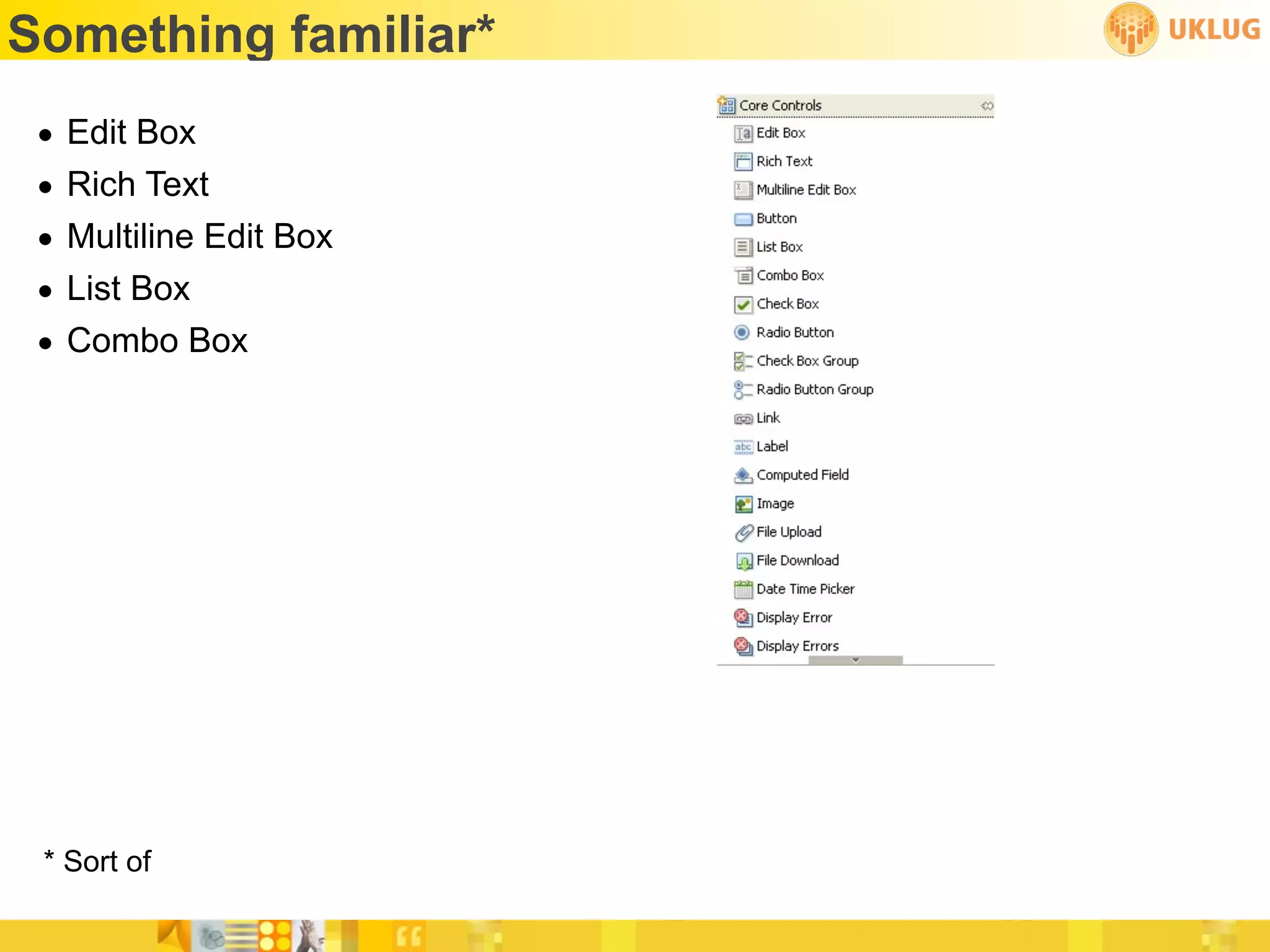 Something familiar*
 •   Edit Box
 •   Rich Text
 •   Multiline Edit Box
 •   List Box
 •   Combo Box




 * Sort of
 