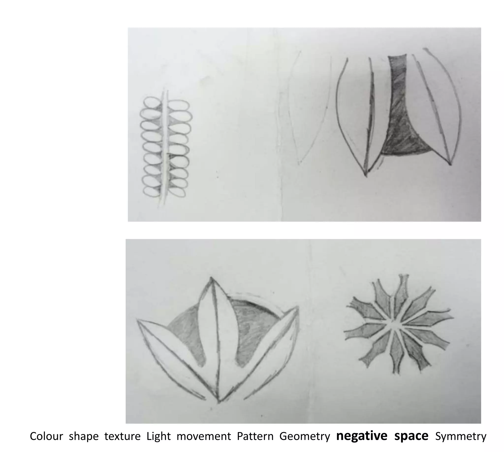 Colour shape texture Light movement Pattern Geometry negative space Symmetry
 